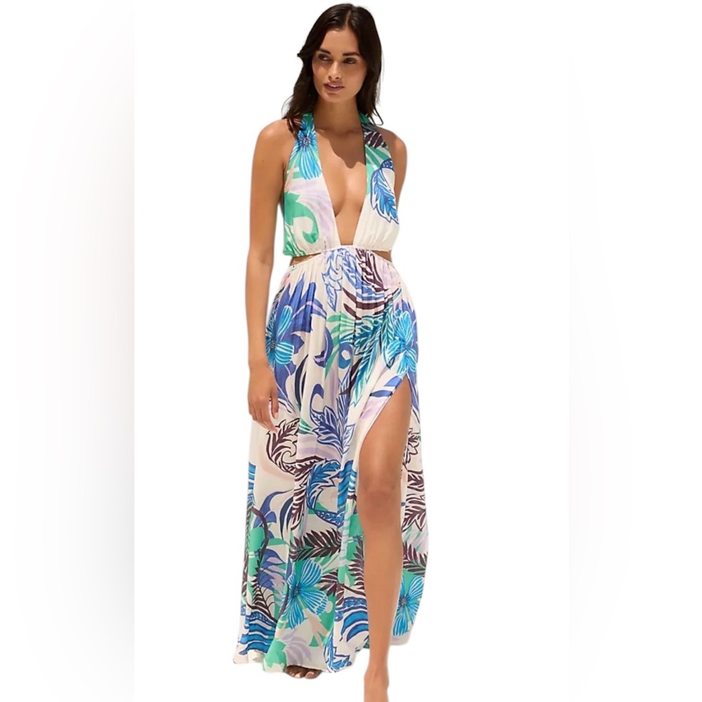 Anthropologie Blue & Purple Floral Maxi Dress